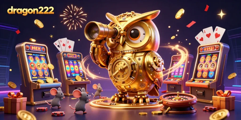 Experience the thrill of dragon222 with a lively casino scene featuring an owl and slot games.
