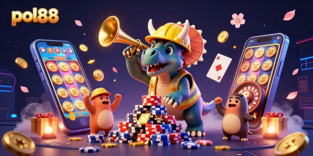Pol88 menampilkan dinosaur yang merayakan kemenangan dengan chip poker, menarik perhatian pemain.