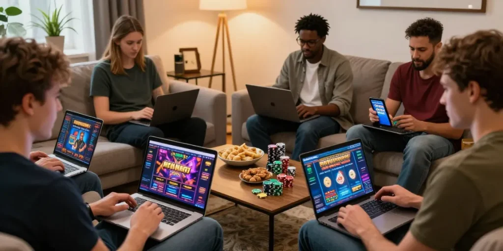 British players exploring non UK casinos on laptops and smartphones at https://sssk.org.uk in a cozy living room setting.