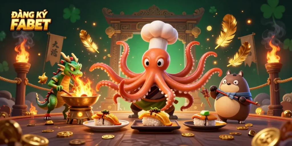 Engage in ĐĂNG KÝ FABET with a vibrant 3D scene featuring a sushi chef octopus, dragon, and tanuki in a casino environment.