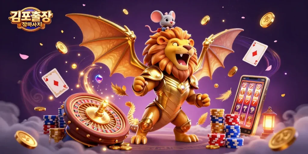 Experience thrilling wins with 김포출장마사지 featuring a chimera and poker chips in an action-packed casino scene.
