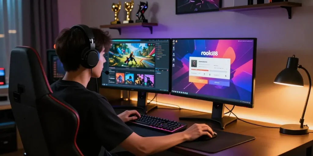 Engaging gamer focused on the rokok88 login interface amidst a vibrant gaming setup.