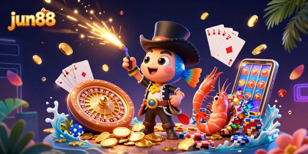 Win big at jun88 as a cartoon anglerfish and pirate shrimp lead a treasure hunt in an exciting casino scene.