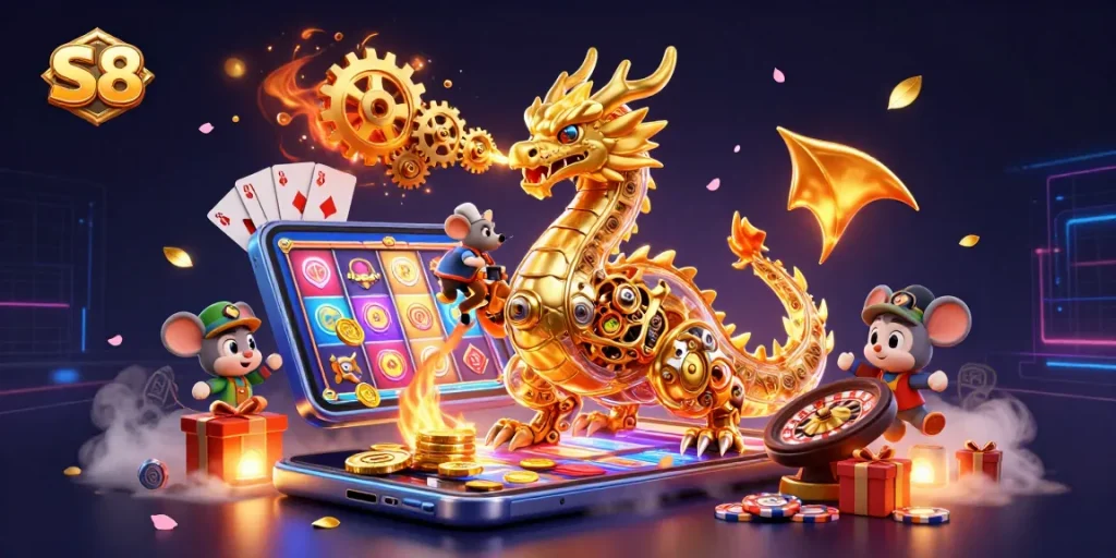 Experience thrilling winnings with S8's immersive 3D casino world filled with vibrant games and gold.