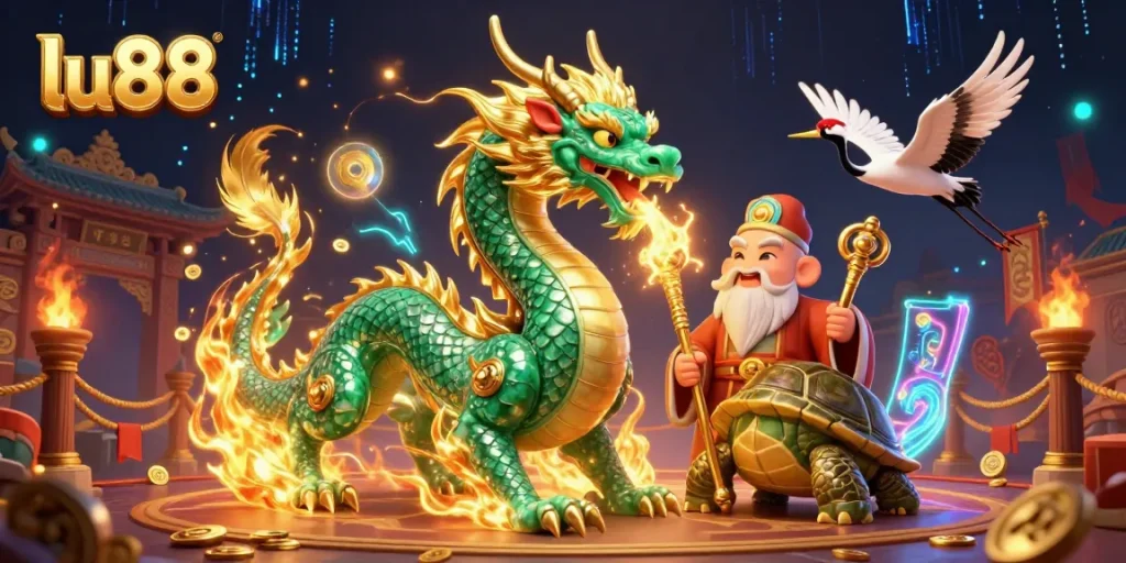 Engage with lu88's vibrant dragon symbol amidst a dynamic casino setting filled with luck and fortune.