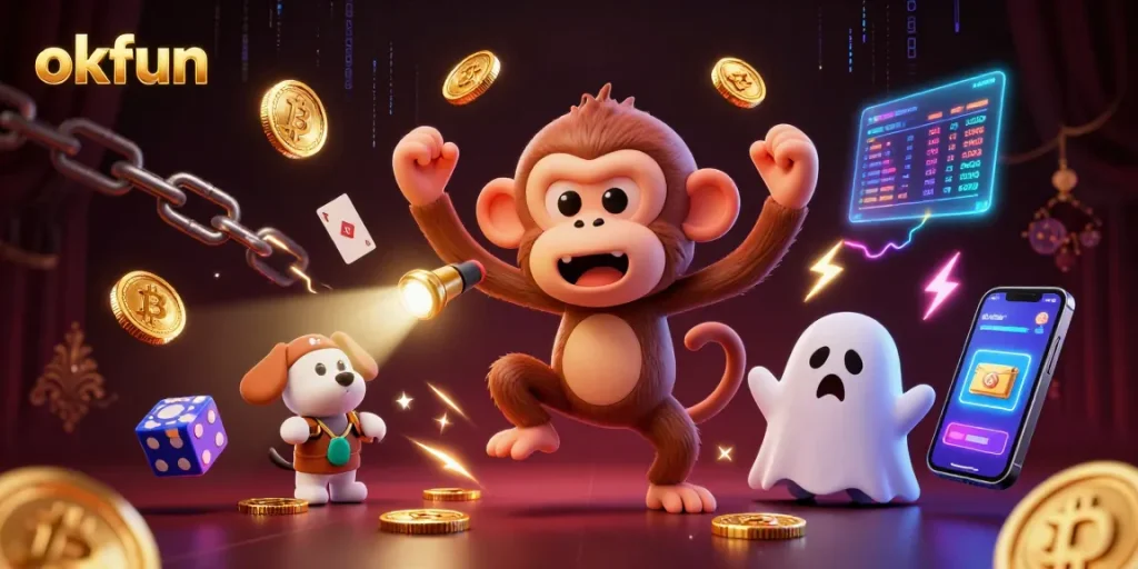 Engage with the magic of okfun in a haunted casino scene featuring a mischievous monkey and ghost-hunter puppy.