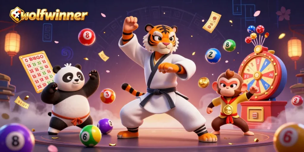 wolfwinner showcases playful characters amid lotto excitement, featuring vibrant bingo elements.