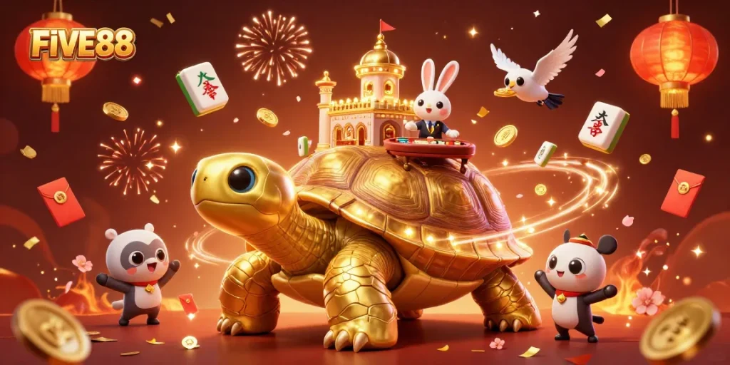 Experience thrilling gameplay with FIVE88, featuring a giant tortoise casino and vibrant celebration.