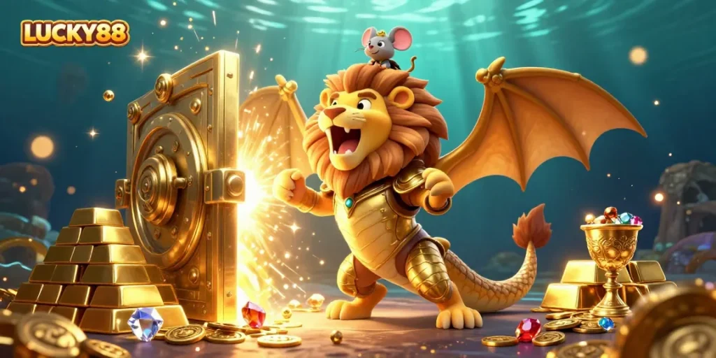 LUCKY88 ignites excitement with a chimera and treasure in this vibrant casino illustration.