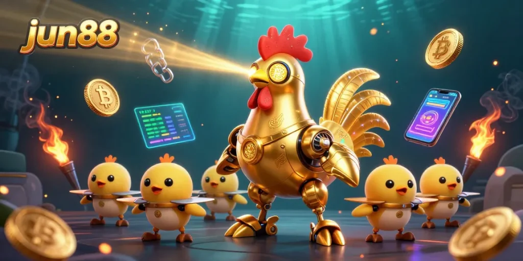 Experience the thrill of gambling with Jun88's vibrant 3D illustration featuring a golden rooster robot.