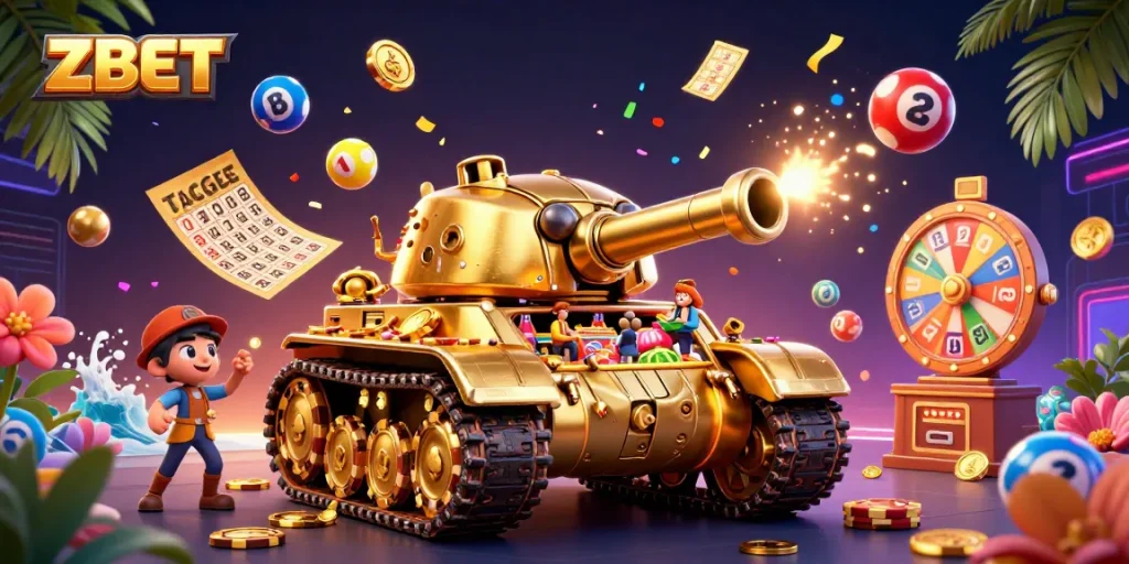 ZBET embodies a vibrant casino atmosphere within a golden tank, bursting with dynamic lottery elements.