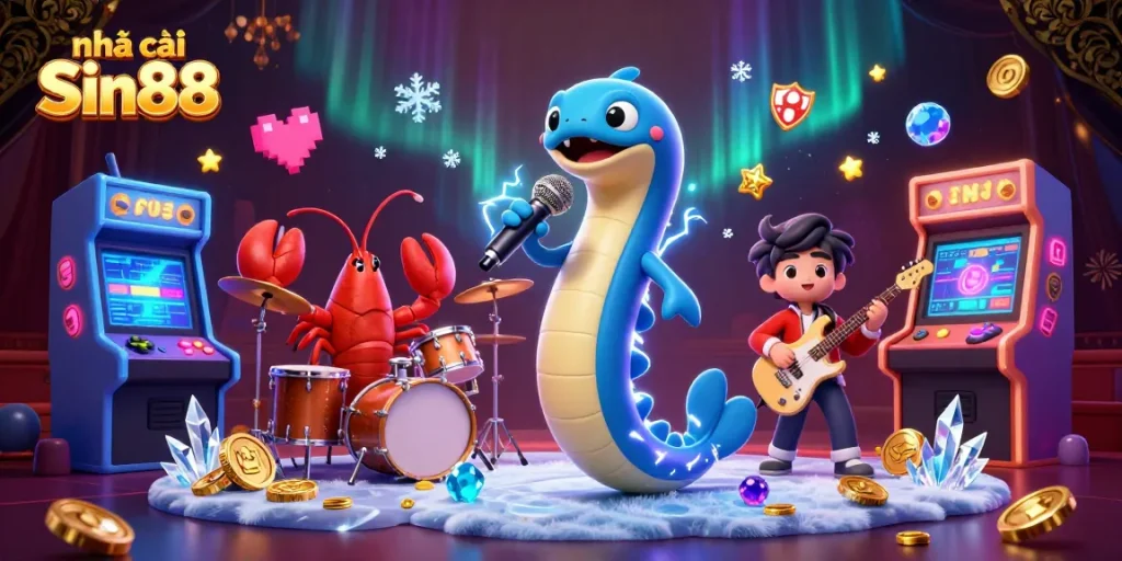 Dynamic underwater casino scene featuring nhà cái Sin88 with an electric eel DJ and colorful arcade games.