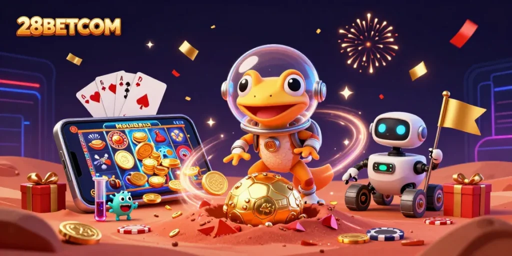 Engage in thrilling play at 28BETCOM with a lively casino scene featuring cartoon characters.